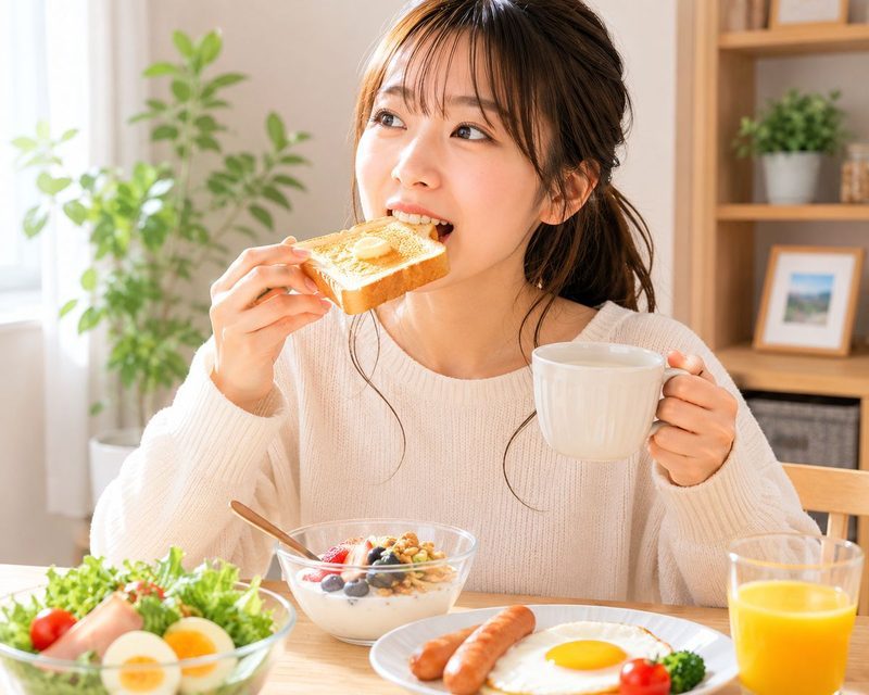 朝食を食べている女性