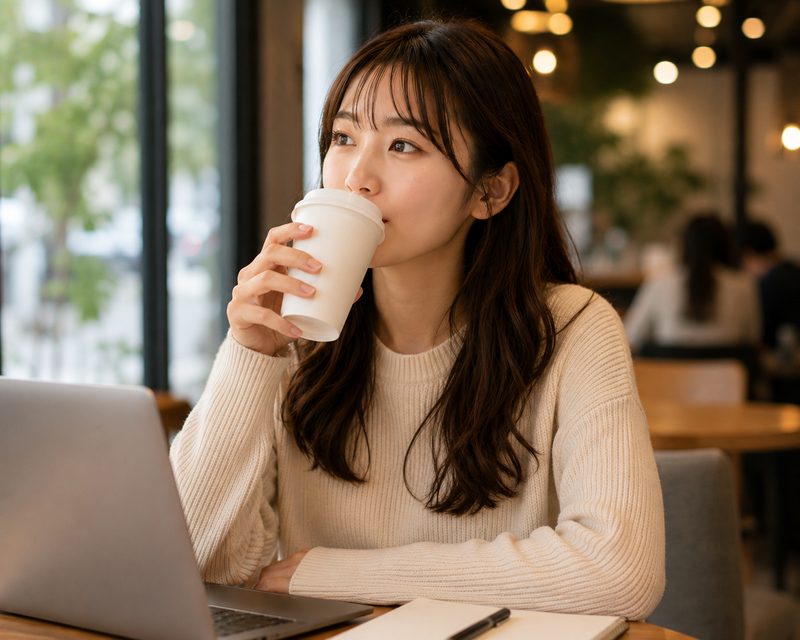 カフェでドリンクを飲む女性（ダイエット前のイメージ）