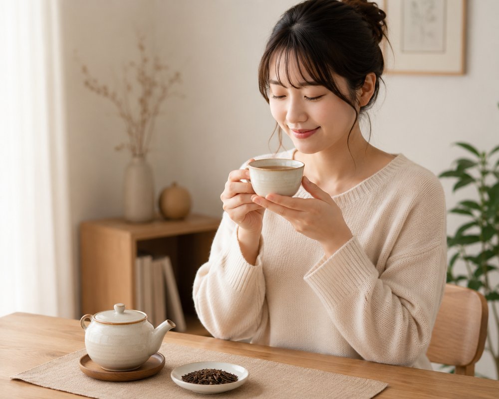 ほうじ茶をリラックスして飲む女性