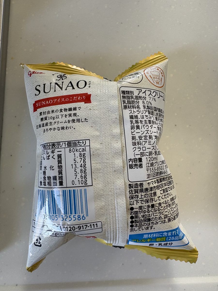 SUNAOのパッケージ裏。「種類別 アイスクリーム」「乳脂肪分8.0%」の表示がしっかり書かれています