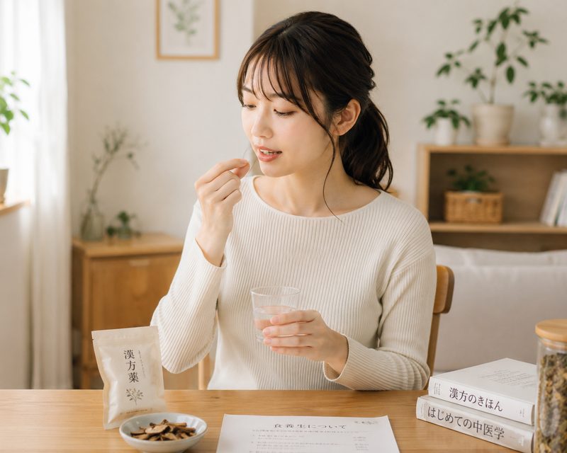 防風通聖散（漢方薬）を水で飲む女性