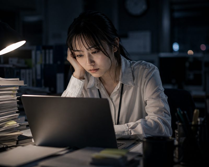 ブラック企業で残業する疲れた女性会社員
