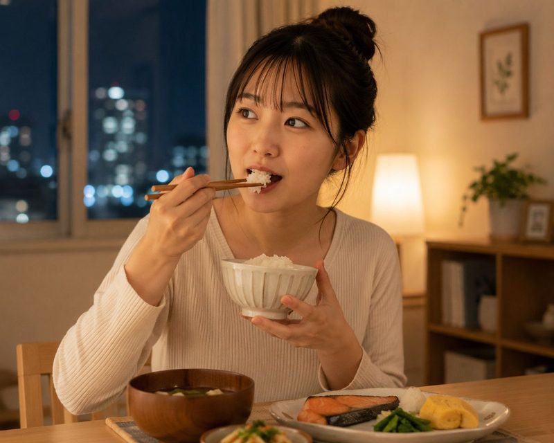 夜に食事している女性