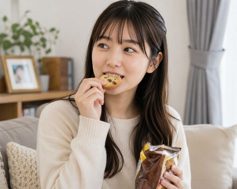 お菓子を食べている女性