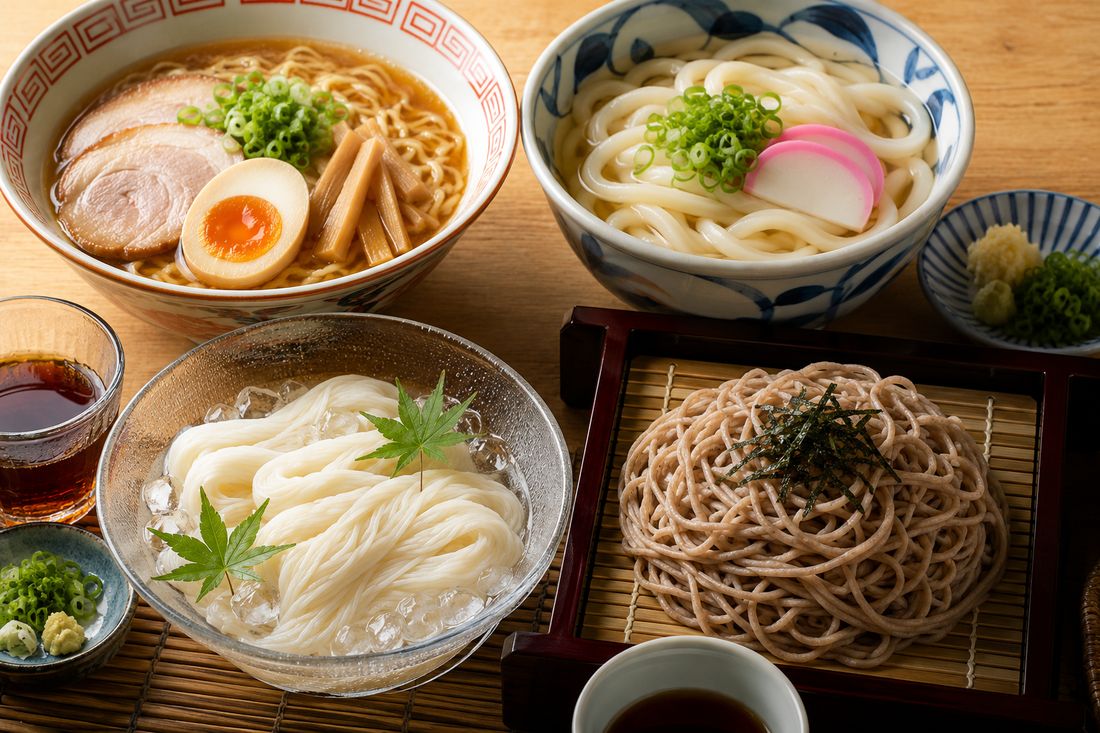 ラーメン・うどん・そうめん・ざるそばの4種の麺