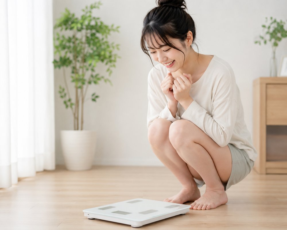体重計を見て安心して笑顔の女性