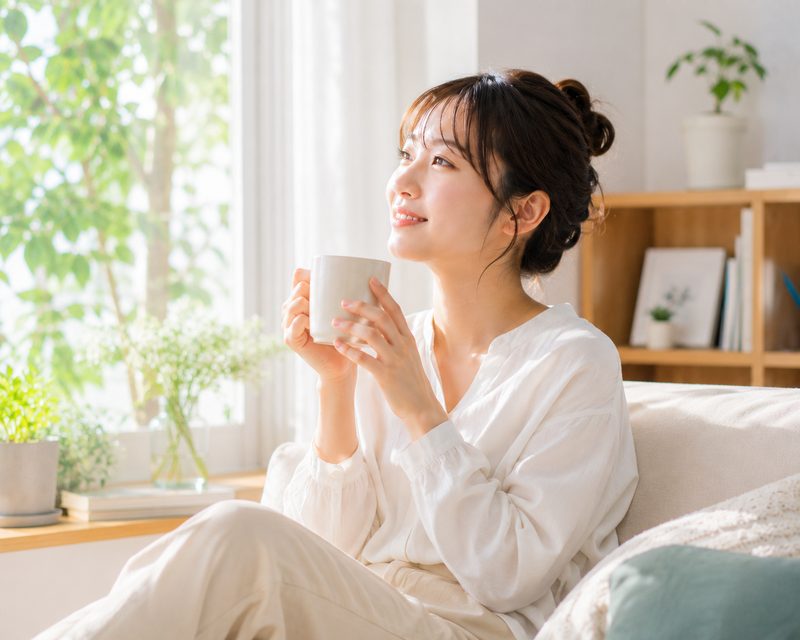 リラックスしてお茶を飲む女性