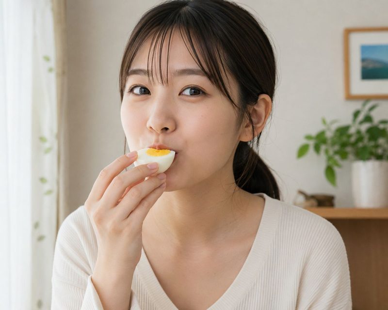 ゆで卵を食べている女性
