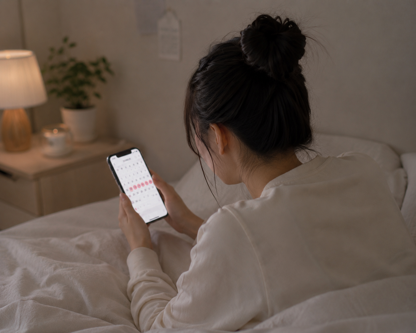 スマホのあすけんアプリで体重を記録する女性