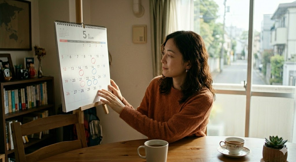 カレンダーで体のリズムを確認する女性