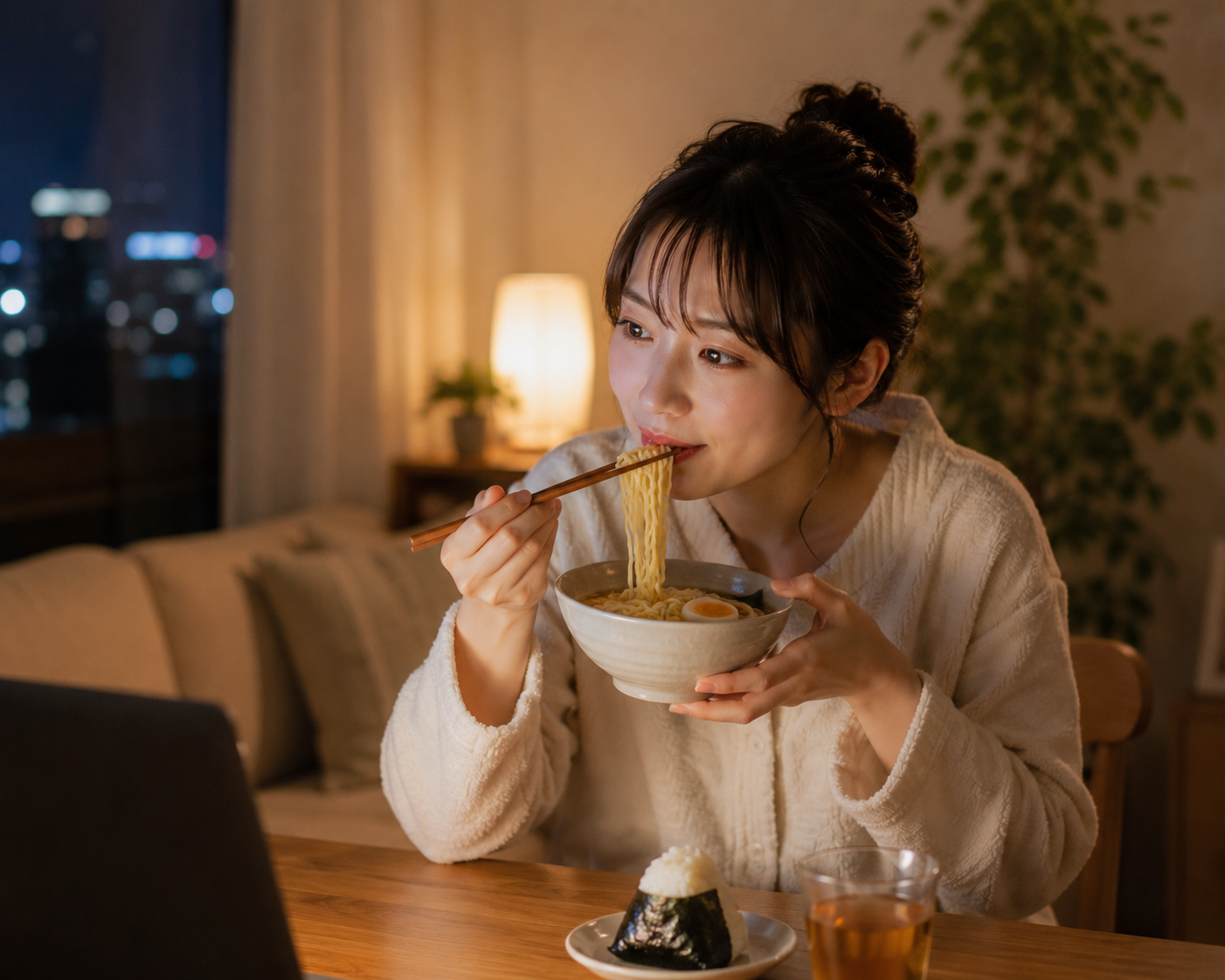 夜中に食事をする女性
