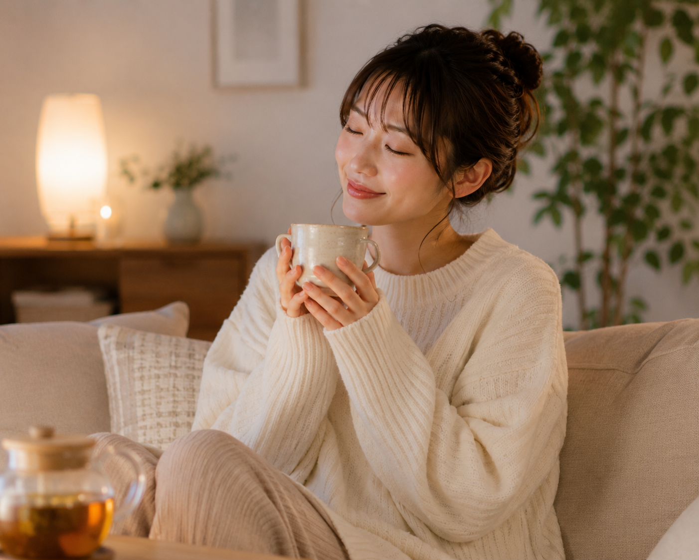 温かいお茶を飲んでリラックスする女性