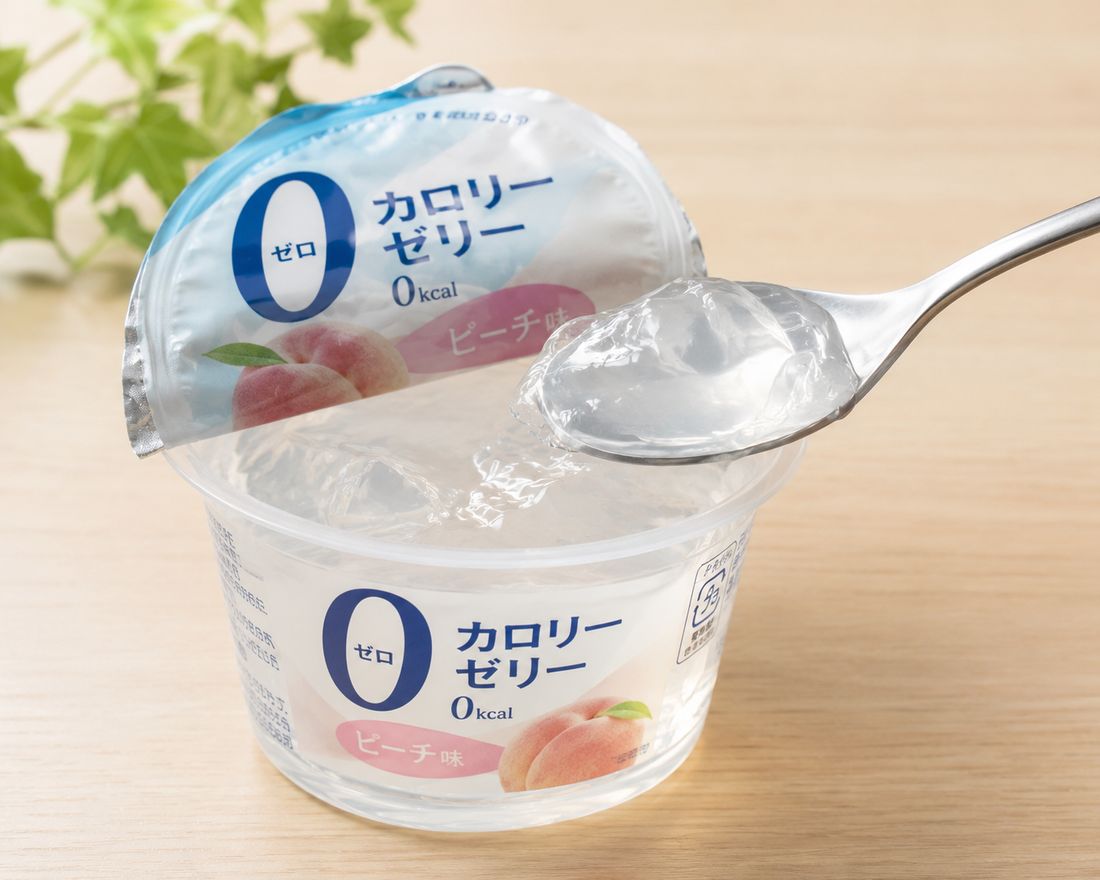 スプーンですくったゼロカロリーゼリー(ピーチ味)